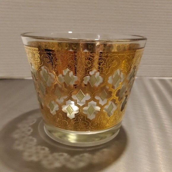 Vintage Culver Valencia 22K Gold Glass Ice Bucket with Green Diamonds MCM - Picture 2 of 11